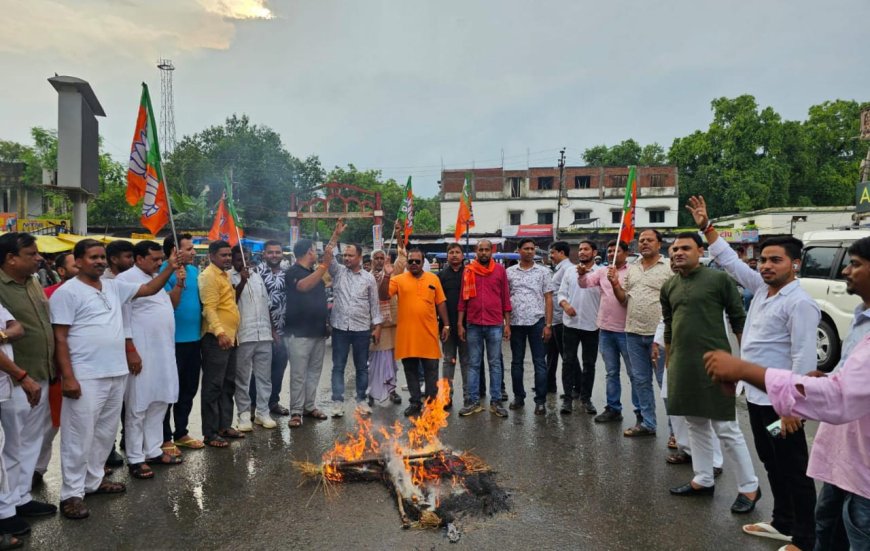 अटल क्लिनिक का नाम बदलने पर भाजयुमो का पुतला दहन